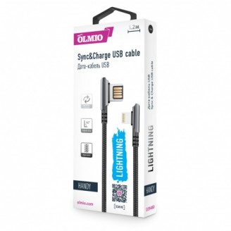 Кабель OLMIO HANDY, USB 2.0 - Lightning, 1.2м, 2.1A, угловой 039480