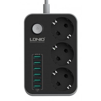Сетевой удлинитель LDNIO Power Socket 3 розетки 6 USB, Чёрный (SE3631)