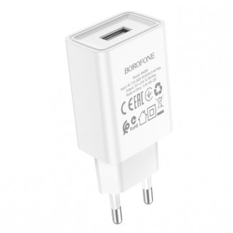 Сетевое зарядное устройство Borofone BA68A Glacier single port USB 5V / 2.1A + Lightning cable, Белое