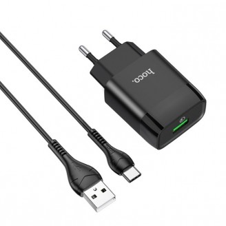 Сетевое зарядное устройство Hoco C72Q Glorious 1xUSB, 3А, 18W, QC3.0 + USB кабель Type-C, 1м, Чёрное