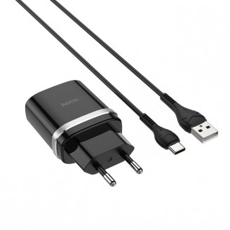 Сетевое зарядное устройство Hoco C12Q Smart QC3.0 charger + USB-C 1m, Чёрное