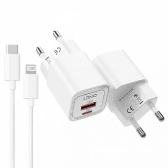 Сетевое зарядное устройство LDNIO Home Charger USB+Type-C 20W, EU + Cable Type-C - Lightning, Белое (A2318C)