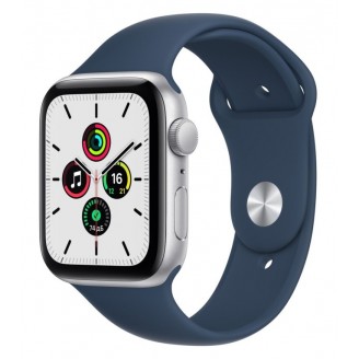 Apple Watch SE (2021), 44 мм, серебристый алюминий, спортивный ремешок цвета 'синий омут' (MKQ43)